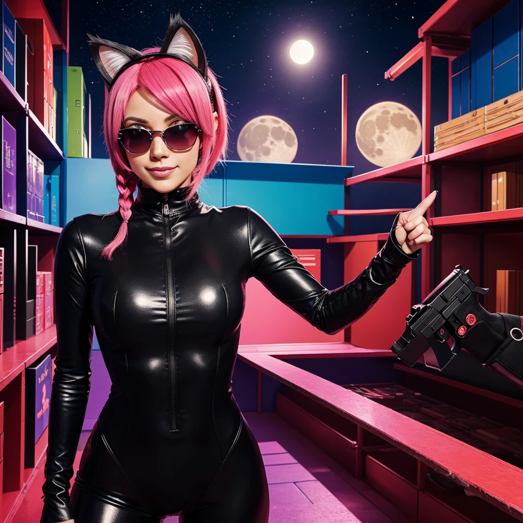 A playful anime-style character with vibrant pink hair and cat ears, wearing stylish black sunglasses. She is dressed in a sleek black bodysuit with red accents and a matching scarf. In one hand, she confidently holds a toy gun, while she poses with a cheeky smile, pointing with her other hand. The background features a warehouse setting with shelves stacked with boxes, illuminated by a bright full moon overhead, creating a dynamic and adventurous atmosphere. High-quality digital art, vibrant colors, and sharp detail.