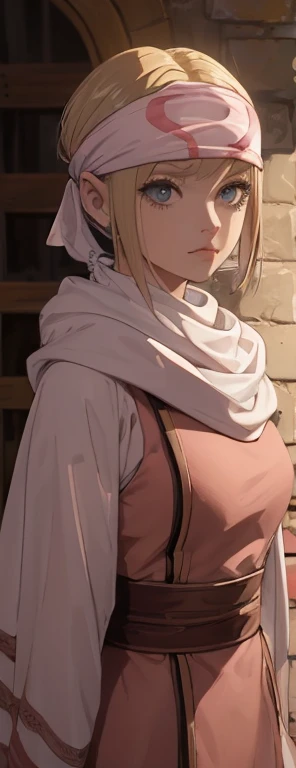 masterpiece), best quality, high resolution blonde 1girl bob cut medium hair standing alone cowl headband profile image looking at viewer beautiful eyes beautiful face extremely detailed pink clothing girly