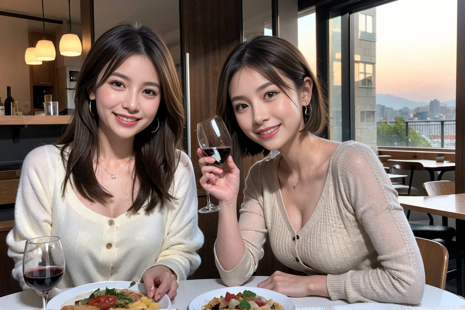 (Realistic:1.1),(masterpiece,Highest quality),8k,(40 years old), 42 years old, slimカップル、Model Couple、actress/actor、Tight waist,Upper Body,full-course dinner、wine 、Amazing view of the sunset sky and clouds、Perfect Anatomy, Brown Hair, short hair,Random Hairstyles,((Highly detailed face and eyes:1.2))(cute顔:1.4),美しいactressの顔,Perfect golden ratio face,Long sleeve shirt、dress,(smile:1.2)、Shortcuts、cute、(Realistic, Intricate details:1.2), A bright smile、short hair,Bright Face、赤wine 、Appetizers、Italian food、wine bottle、Champagne、スパークリングwine、(slimな顔), (The body is slim), (Brown Hair), (Shortcuts), Upper Body, 白wine, slim, wineグラス,