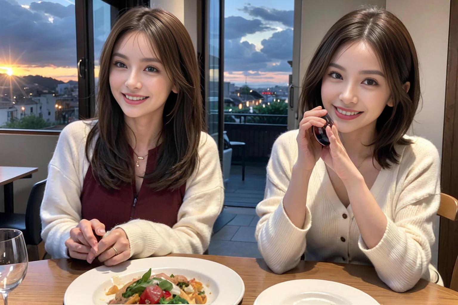 （Realistic:1.1）,(masterpiece,Highest quality)，8k,(40 years old), 42 years old, slimカップル、Model Couple、actress/actor、Tight waist,Upper Body,full-course dinner、wine 、Amazing view of the sunset sky and clouds、Perfect Anatomy, Brown Hair, short hair,Random Hairstyles,((Highly detailed face and eyes:1.2))(cute顔:1.4)，美しいactressの顔，Perfect golden ratio face，Long sleeve shirt、dress,(smile:1.hortcuts、cute、(Realistic, Intricate details:1.2), A bright smile、short hair,Bright Face、赤wine 、Appetizers、Italian food、wine bottle、Champagne、スパークリングwine、(slimな顔), (The body is slim), (Brown Hair), (Shortcuts),  Upper Body, 白wine, slim, wineグラス, 
