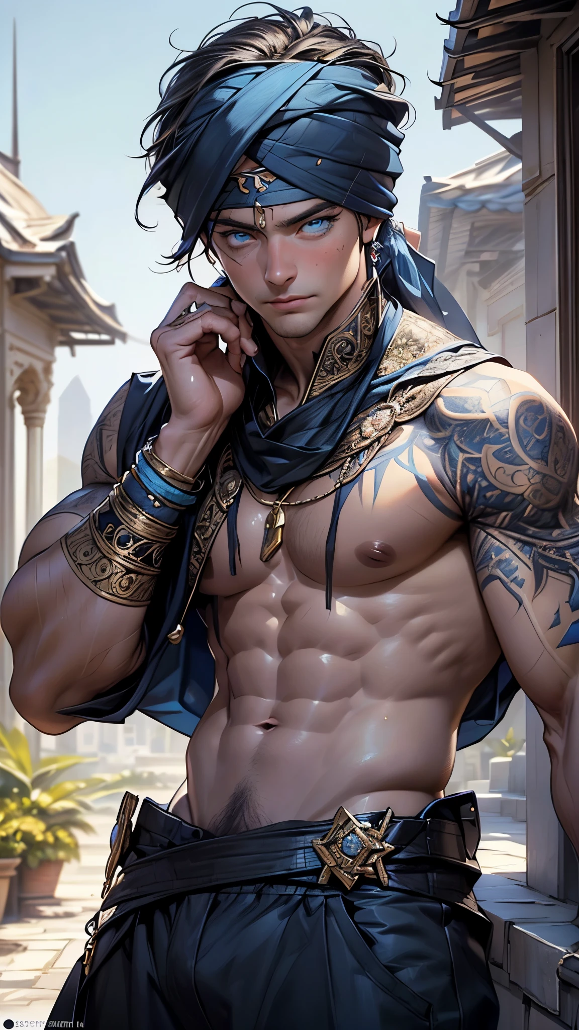 Arabian djinn,(male:1.5), muscle, 1boy, big muscle, pectoral,  muscular, Mature man,45 year old man,adult,1 man, old macho man,an extremely detailed face, (((blue_eyes:1.3))),intricate eyes,beautiful detailed eyes,symmetrical eyes,short hair,modern very short black hair,djinn hair,perfect face,   ((detailed face)),musculatureAbs,(bluebeard:1.5)

(((blue skin:1.5,blue body:1.5,blue face;1.5))),

smile,   

(ultra-detailed:1.3), beautiful detailed glow,  finely detailed, ultra-detailed, 

((body blue war paint)),wearing turban:1.2,wearing a blue silk dhoti, silks draped around his torso, slight smile, bulky, sinewy muscles,((bulge in pants)),(((intricate outfit,intricate clothes,ornate outfit))),

(dynamic pose:1.0),embarrassed,(centered,scale to fit dimensions,Rule of thirds),

inside,indoor,((palace in Arabia, palace in Arabia background)),scenery:1.25,((intricate scenery)),

(Glossy winter ornaments),highres,sharp focus,(ultra detailed,extremely detailed),(photorealistic artwork:1.37),(extremely detailed CG unity 8k wallpaper),(((vibrant colors,vibrant theme))),(intricate),(masterpiece),(best quality),artistic photography,(photography taken by sldr),(intricate background),perfect rendered face,perfect face details,realistic face,photo realistic,((intricate detail)),(((realism))),
