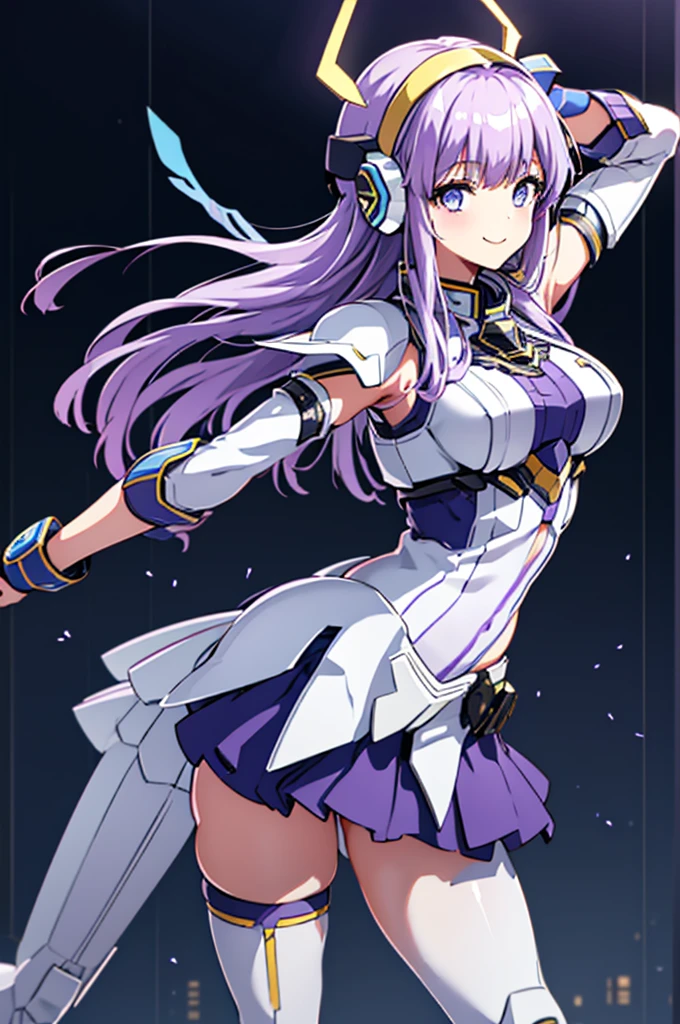 mecha wings、Black and yellow skirt、Accentuated thighs、White tights、chest、Beautiful light purple hair、1 girl、solo girl、Thick thighs、IS、Frame Arms Girl、Alice Gere Aegis、White Armor、Blue and purple lines、income、headphone、hand on own chest、smile、Idol Costume