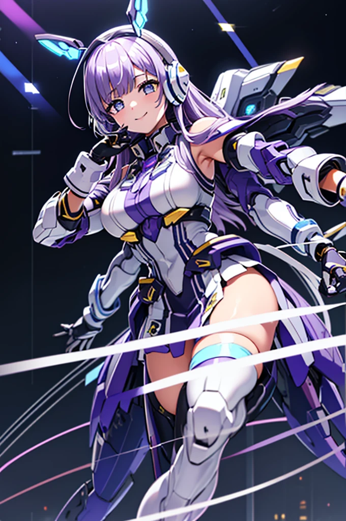 mecha wings、Black and yellow skirt、Accentuated thighs、White tights、chest、Beautiful light purple hair、1 girl、solo girl、Thick thighs、IS、Frame Arms Girl、Alice Gere Aegis、White Armor、Blue and purple lines、income、headphone、hand on own chest、smile、Idol Costume