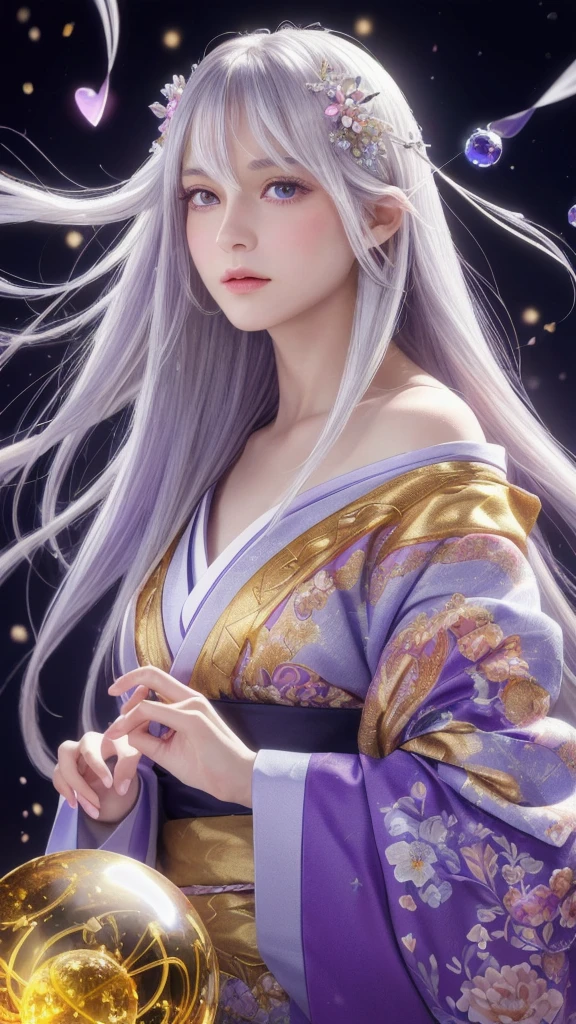 (masterpiece:1.3), (8k, photorealistic, raw photo, highest quality:1.4), (one girl), beautiful face, (realistic face), (long hair), (silver hair, near white hair, shiny hair, beautiful straight hair), (even bangs), (sharp bangs), straight hairstyle, realistic eyes, beautiful detailed eyes (purple eyes), (sharp eyes), (realistic skin), beautiful skin, (kimono), (magician's kimono), (flower hair ornament), attractive, ultra high resolution, ultra realistic, highly detailed, golden ratio, colorful background, (flowers blooming), (energy dancing background), magician, facing forward, facing from shoulders, looking straight ahead, both shoulders facing towards you, holding crystal ball, (heart crystal ball, love crystal ball).