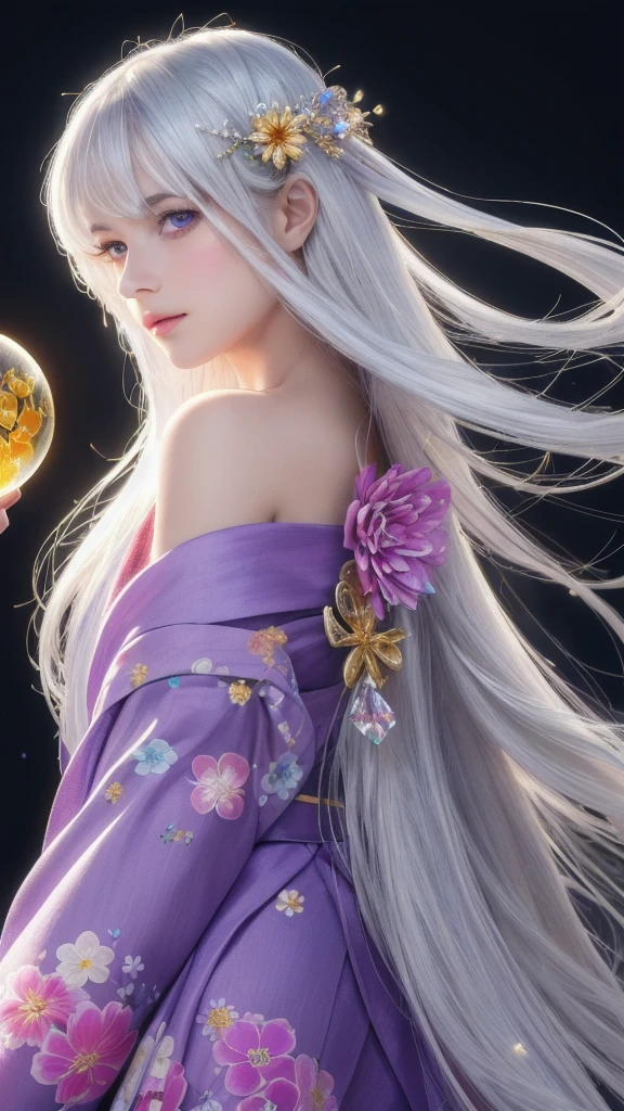 (masterpiece:1.3), (8k, photorealistic, raw photo, highest quality:1.4), (one girl), beautiful face, (realistic face), (long hair), (silver hair, near white hair, shiny hair, beautiful straight hair), (even bangs), (sharp bangs), straight hairstyle, realistic eyes, beautiful detailed eyes (purple eyes), (sharp eyes), (realistic skin), beautiful skin, (kimono), (magician's kimono), (flower hair ornament), attractive, ultra high resolution, ultra realistic, highly detailed, golden ratio, colorful background, (flowers blooming), (energy dancing background), magician, facing forward, facing from shoulders, looking straight ahead, both shoulders facing towards you, holding crystal ball, (heart crystal ball, love crystal ball).