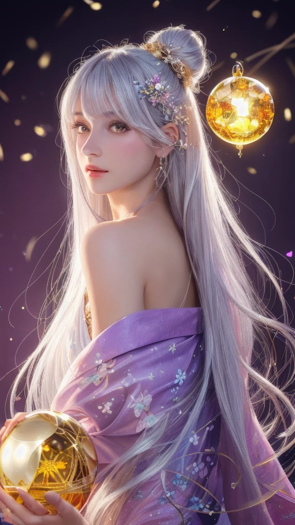 (masterpiece:1.3), (8k, photorealistic, raw photo, highest quality:1.4), (one girl), beautiful face, (realistic face), (long hair), (silver hair, near white hair, shiny hair, beautiful straight hair), (even bangs), (sharp bangs), straight hairstyle, realistic eyes, beautiful detailed eyes (purple eyes), (sharp eyes), (realistic skin), beautiful skin, (kimono), (magician's kimono), (flower hair ornament), attractive, ultra high resolution, ultra realistic, highly detailed, golden ratio, colorful background, (flowers blooming), (energy dancing background), magician, facing forward, facing from shoulders, looking straight ahead, both shoulders facing towards you, holding crystal ball, (heart crystal ball, love crystal ball).
