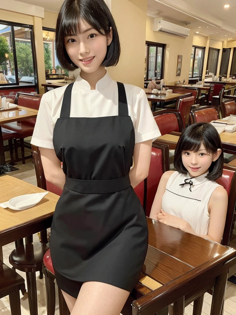 Highest quality、masterpiece、8k、Very detailed、Realistic、(One person) 、Looking at me with a smile、whole body、Black Hair、Short Hair、Small face、Slender、(Very large breasts)、Thin and beautiful legs、narrow and constricted waist,、(Family Restaurant Uniforms:1.2)