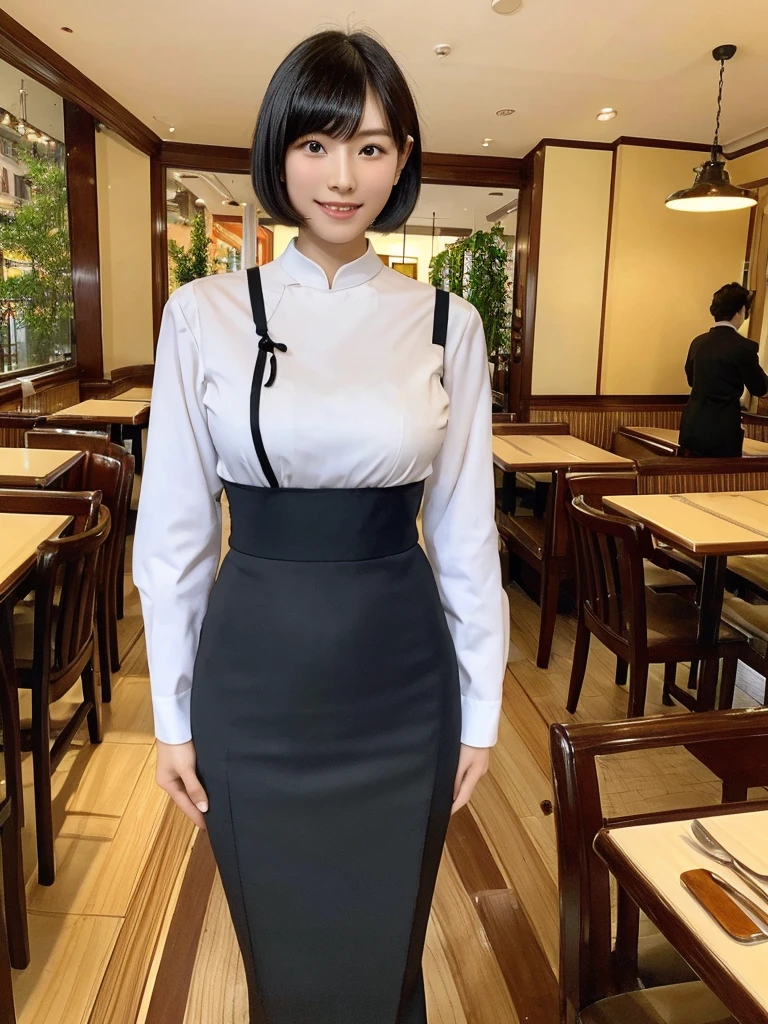 Highest quality、masterpiece、8k、Very detailed、Realistic、Looking at me with a smile、whole body、Black Hair、Short Hair、Small face、Slender、(Very large breasts)、Thin and beautiful legs、narrow and constricted waist,、(Family Restaurant Uniforms:1.2)