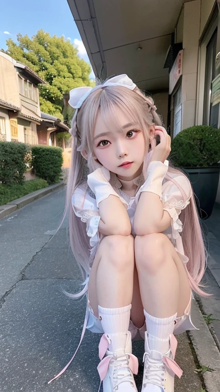 ((The photo shows her from the knees up.))、blush,Long white hair、Squat down、 open your legs、(())、,(White and light blue gothic lolita fashion),choker,loafers、Chest、Belly button、Hips、Street,(8k, RAW Photos, Highest quality, The pieces fly:1.2), (reality, Realistic:1.4), (非常に詳細な8k壁紙),  Sharp focus, Depth of written border, Cinema Lighting, Soft Light, Detailed beauty eyes,Asymmetrical bangs, Glowing Skin, Highly detailed skin ,High resolution, Attention to detail, Detailed hairstyle, Detailed beauty face, Hyper Real, Perfect limbs, Perfect Anatomy ,1 Japanese girl,Famous Japanese Idols, Perfect female body,A shy smile,Long eyelashes,double eyelid,Look straight here、Street,Stand up straight and face me,,look straight at me,,Small breasts