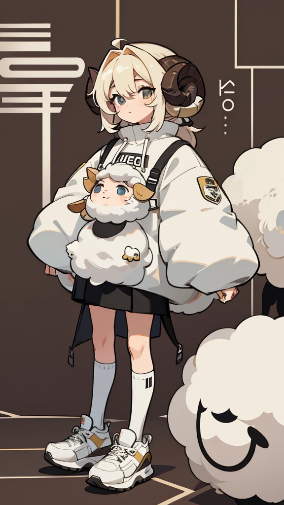 Sheep themed characters, Wearing big sneakers, Ram&#39;s horn, Keep the background simple, Magazine cover design, パステルピンクのイメージカラー, Keep the background simple, Plain background, Magazine Cover, ピンクのイメージカラー, Pastel pink hair, ピンクにしてください, pink hair, projected inset, UHD, highres, best quality, 8k