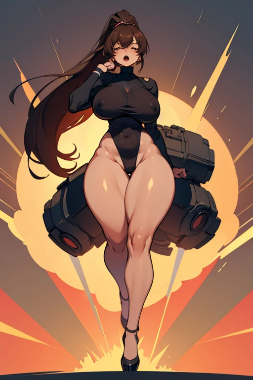Leg bags, Angry, sad, Open mouth, young girl, Pullover, whole body to see, (( very wide hips)), (((colossal Thighs, gigantic thighs, very huge thighs, very big thighs))), fullbody, platform heels, tanned skin, black skin, brown skin, very Big breast, soldier girl , full body, military , high cut leotard, cyberpunk, battle, tight stockings, firm breast, erect nipples, ponytail hair,
