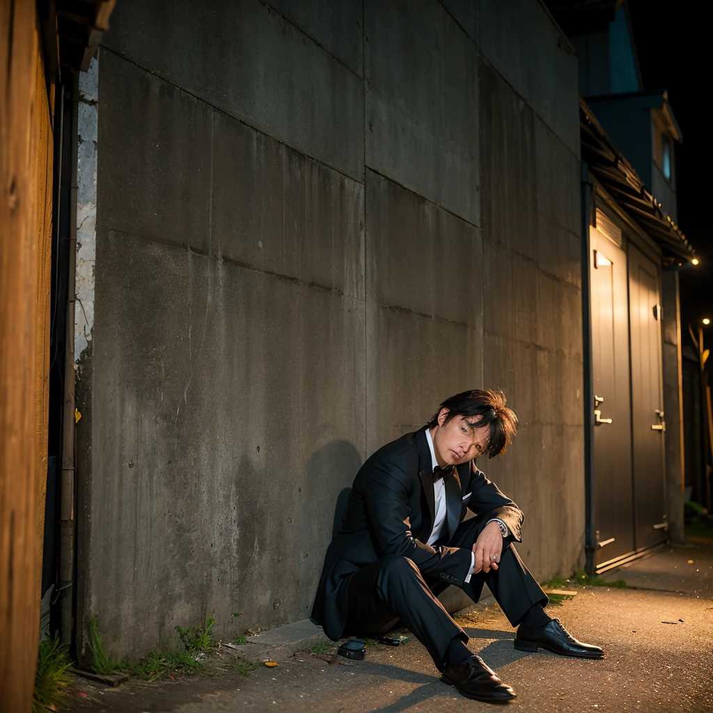 ((Highest quality)), ((masterpiece)), (detailed), One Man, A tired 35-year-old, Stubble, Black business suit, Dirty suit, night, bustling street, Alley, narrow street, (darkness:1.5), (Concrete ground:1.5), (Sitting on the ground:1.5), (Abandoned wooden house wall:1.5), (Leaning against the wall:1.5), (Looking down:1.5), (Term drooping:1.5), Drunk, Science fiction、Near future、