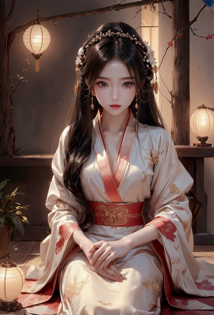 Best image quality、8k、masterpiece:1.3))、Realistic high-quality photos、Highest quality、 Beautiful face、Photos of slim models、Beautiful girl model、Young and pretty face、Beautiful model girl、A lovely and delicate face、Black Hair、Beautiful brown eyes、Young Body、Hanfu, (emphasize)、from the front、Camera gaze,、Anatomically correct、胸の谷間をemphasize、whole body、13-year-old female model