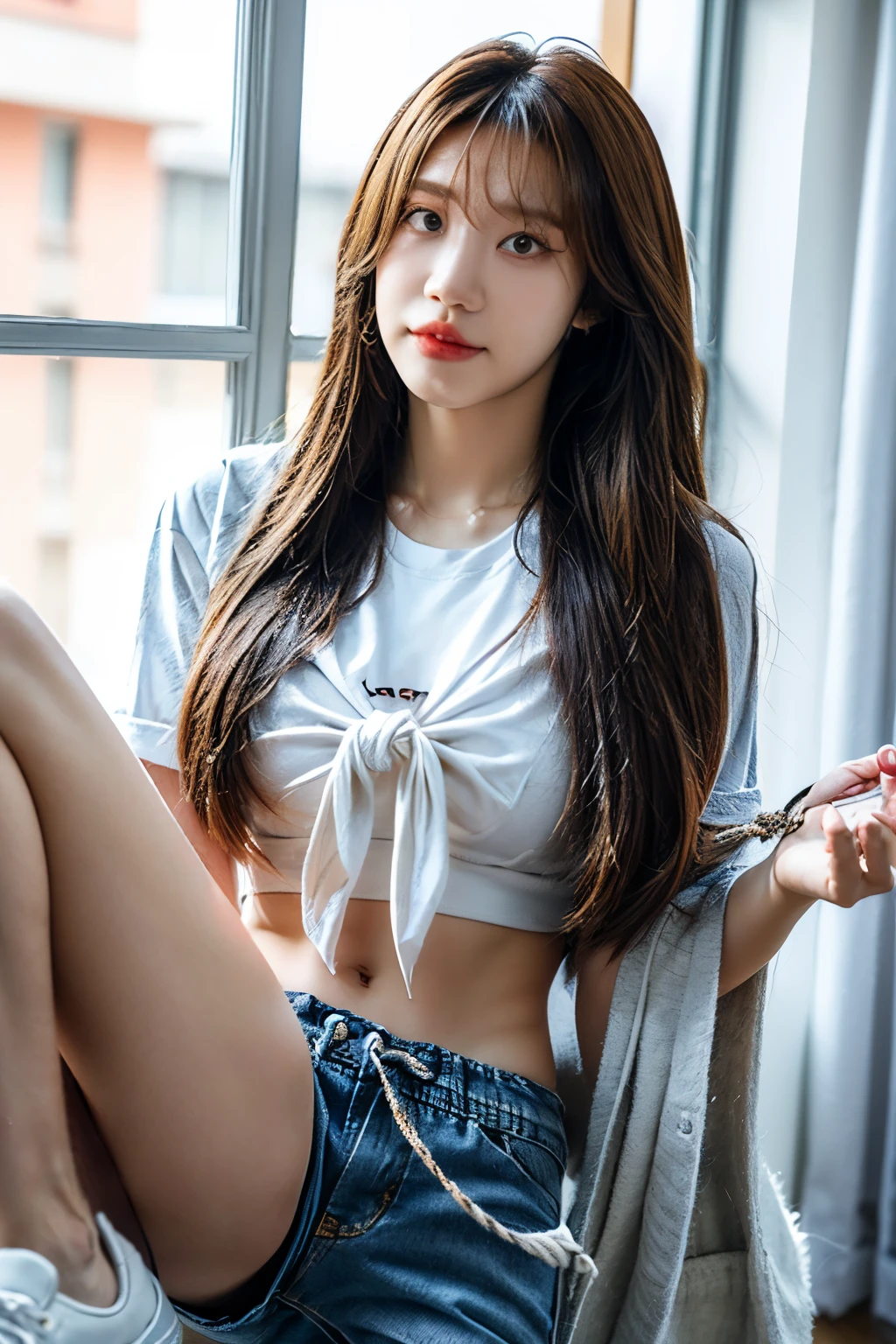 (RAW shooting, Photoreal:1.5, 8k, highest quality, masterpiece, ultra high resolution), perfect dynamic composition:1.2, Fight:1.2, Highly detailed skin and facial textures:1.2, 1girl:1, asian girl:1,Glamourous female with a purse, beautiful and aesthetic:1.2, sexy beauty, perfect style, belief, Strong-willed, revenge, Fair skin, very beautiful face, (large breast, Chest gap:1.4), (wearing a sexy casual fashion:1.2), (beautiful eyes, Eyes that feel beautiful eros:1.0), (Too erotic:0.9, Bewitching:0.9), (full body photo:1.2), (perfect limbs:1.2), (perfect fingers:1.2),(tied shirt, denim shorts sneakers, long hair, navel,Eunji:1.6),(simple background:1),(knees together),
