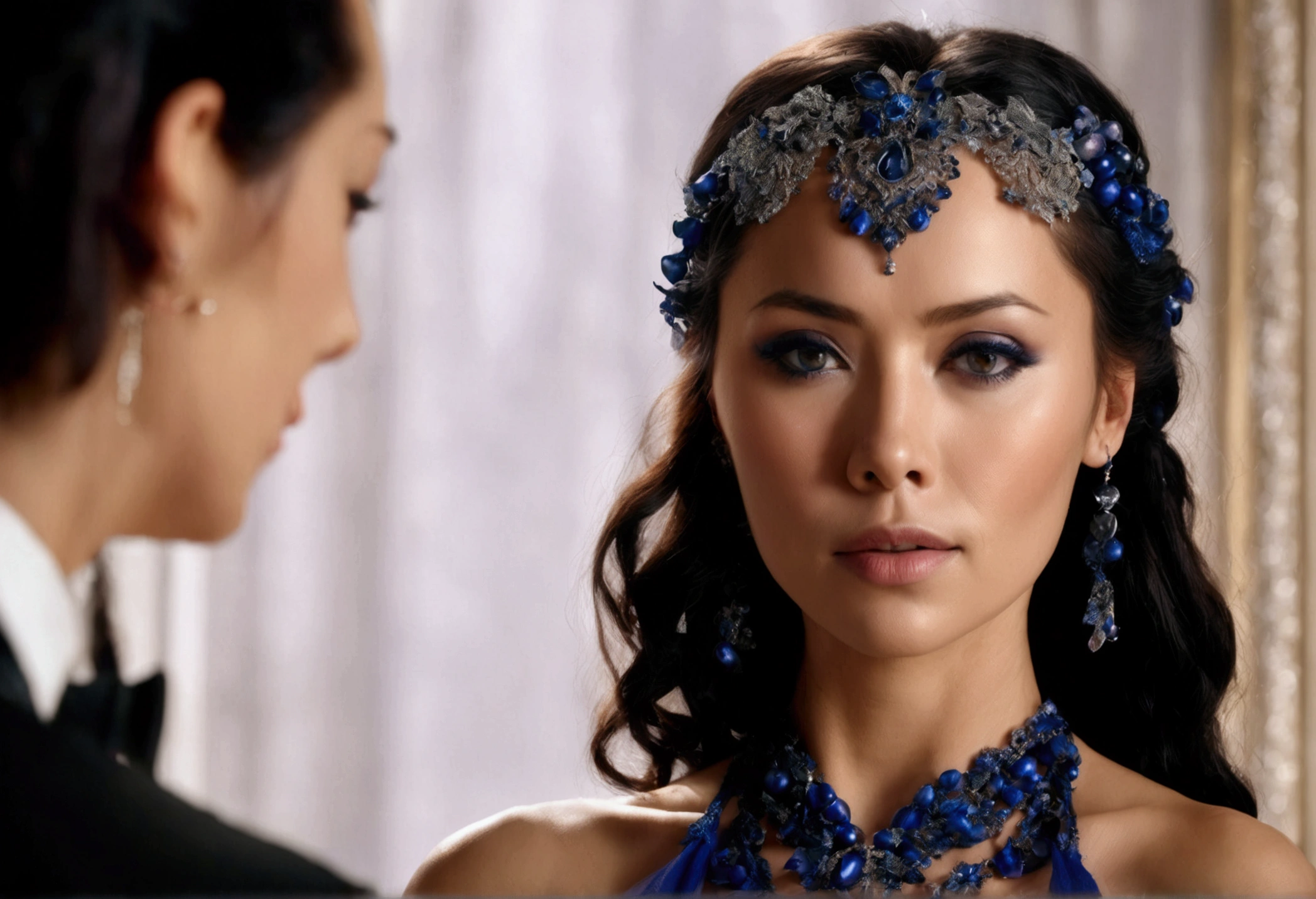 1girl, (lexa doig, age 25, sheer gown no underwear), ((blueberry,fruits)), white background, black hair, beautiful detailed eyes, beautiful detailed lips, extremely detailed face, long eyelashes, elegant pose, sensual, high fashion, glamorous, cinematic lighting, intricate details, photorealistic, 8k, best quality, masterpiece
