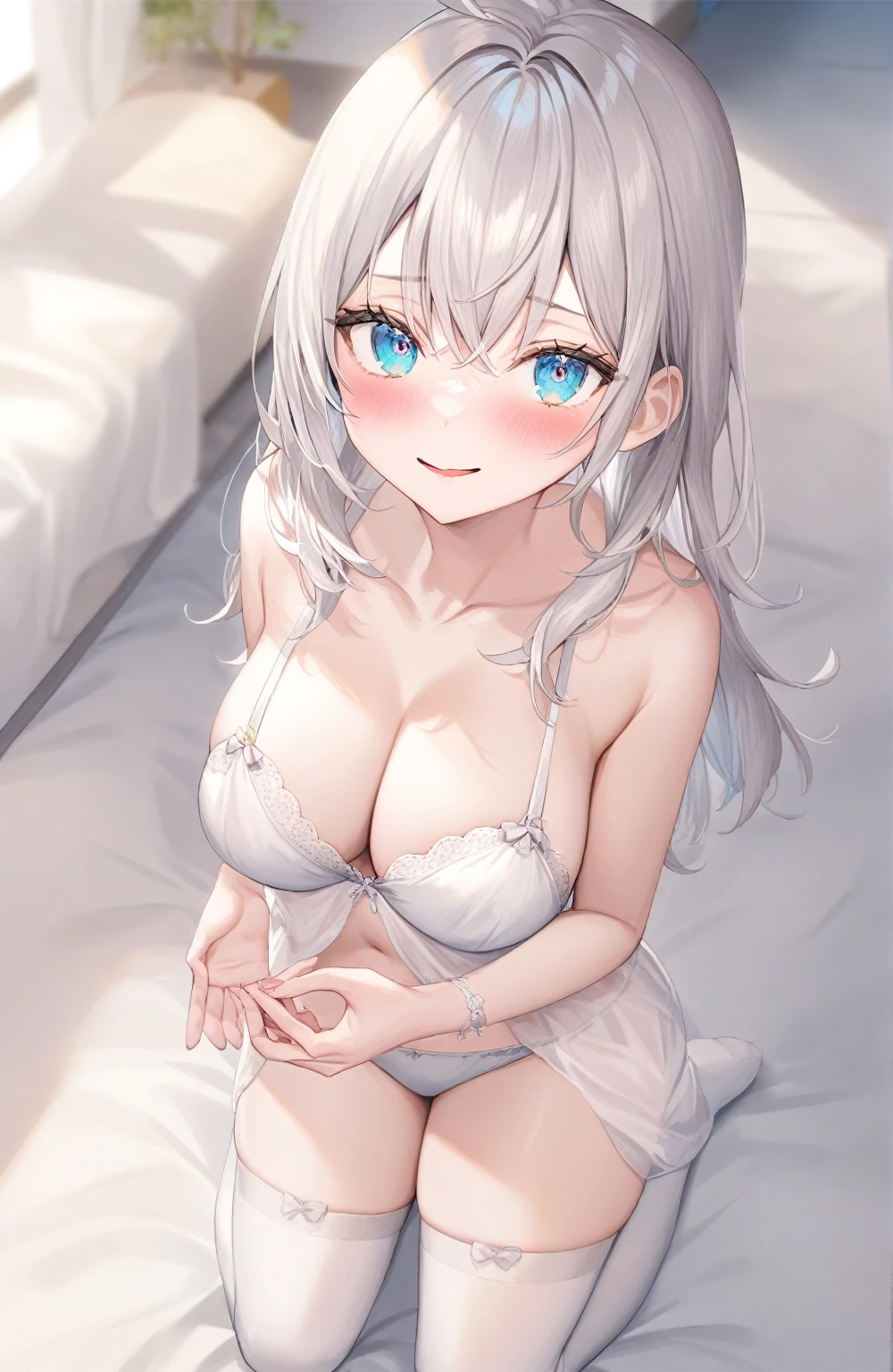 A girl, alisa mikhailovna kujo,tomorrow,alone, by the wide, Eyebrows visible through hair., hair between the eyes, silver hair, blue eyes, medium chest,white underwear,long white stockings, white underwear, without clothes See your viewers, of the highest quality, so beautiful