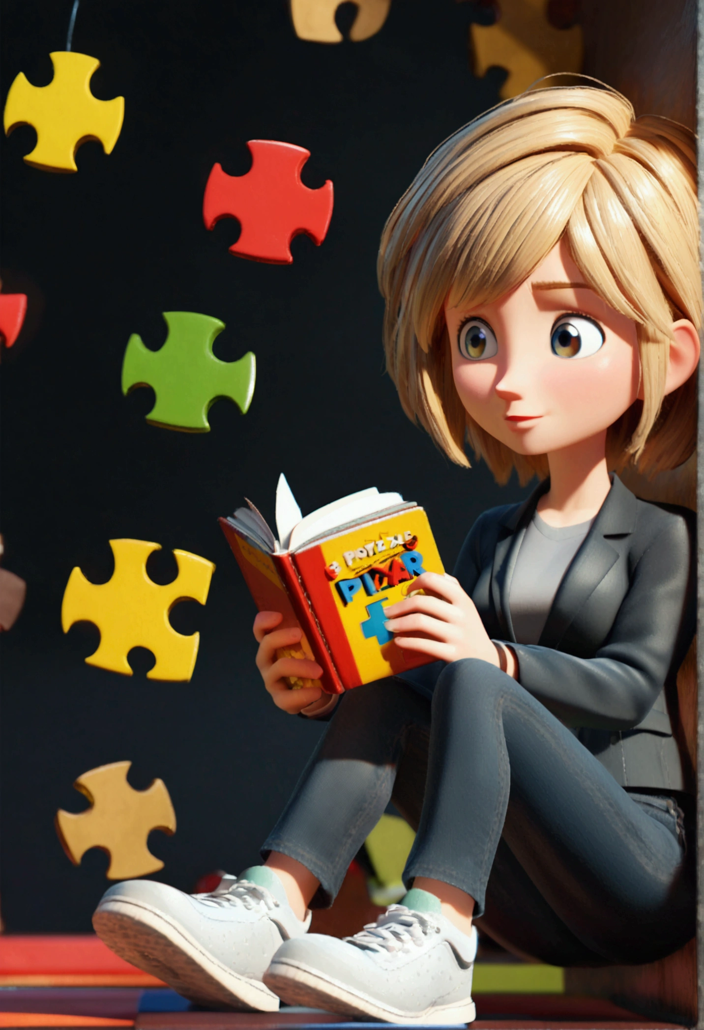 3D Pixar style poster. woman with light skin, very straight dark blonde HAIR, light brown eyes, black blazer, black jeans, gray shirt, white sneakers, notebook in hand, BACKGROUND WITH RED, blue, green and yellow PUZZLE.