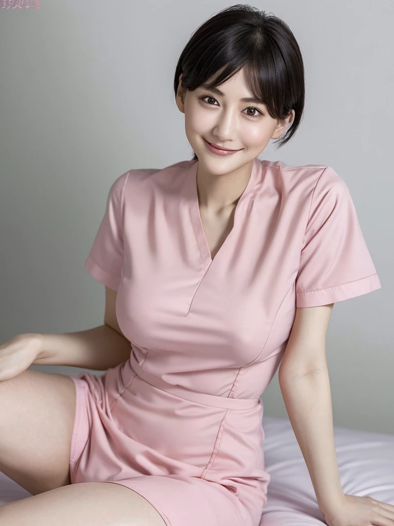 Highest quality、masterpiece、8k、Very detailed、Realistic、Looking at me with a smile、whole body、Black Hair、Short Hair、Small face、Slender、(Impossibly large breasts)、Thin and beautiful legs、narrow and constricted waist,、(Pink tight nurse uniform:1.2)