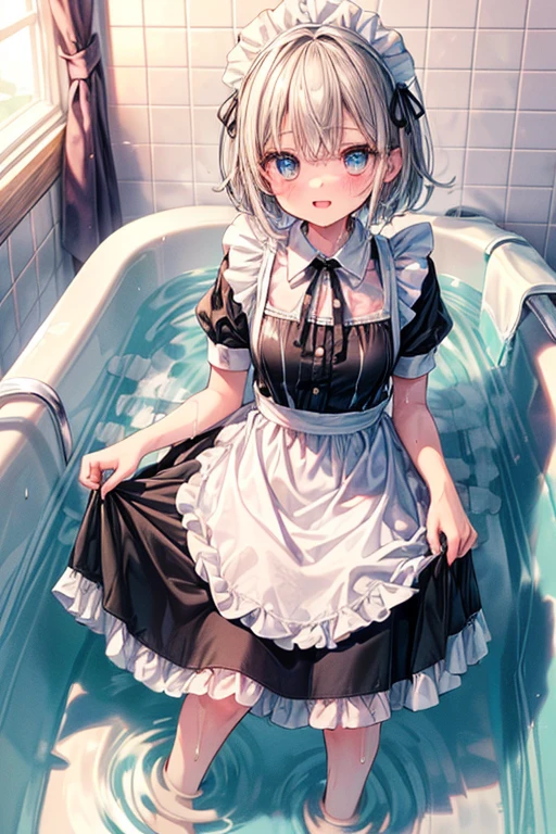 (Ultra high quality:1.6), (Highest quality:1.4), (Attention to detail:1.4), (Ultra-high resolution:1.6), (Detailed face), (Detailed eyes), Sparkling eyes, Bright Face, Looks fun, cute, The best smile, Best Anatomy, Gray Hair, (Maid clothes, White apron, Headband, Black Dress, ribbon, Maid clothes, Classic, Long:1.4), (白と黒のMaid clothes), お風呂に入るMaid clothes, (Bathing fully clothed:1.6), (Soaked from head to toe:1.6), Maid sunk up to her shoulders, natural, Submersion, Bathtub, Luxurious bathtub, Soak up to the shoulders, Would you like to join us?, Bathing assistance,