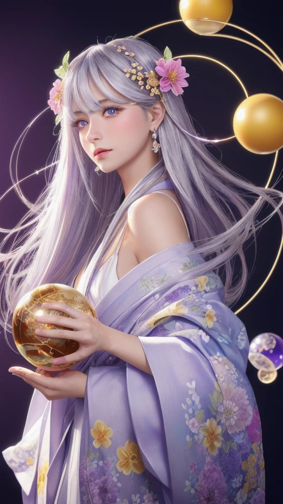 (masterpiece:1.3), (8k, photorealistic, raw photo, highest quality:1.4), (one girl), beautiful face, (realistic face), (long hair), (silver hair, near white hair, shiny hair, beautiful straight hair), (even bangs), (sharp bangs), straight hairstyle, realistic eyes, beautiful detailed eyes (purple eyes), (sharp eyes), (realistic skin), beautiful skin, (kimono), (magician's kimono), (flower hair ornament), attractive, ultra high resolution, ultra realistic, highly detailed, golden ratio, colorful background, (flowers blooming), (energy dancing background), magician, facing forward, facing from shoulders, looking straight ahead, both shoulders facing towards you, holding crystal ball, (heart crystal ball, love crystal ball).