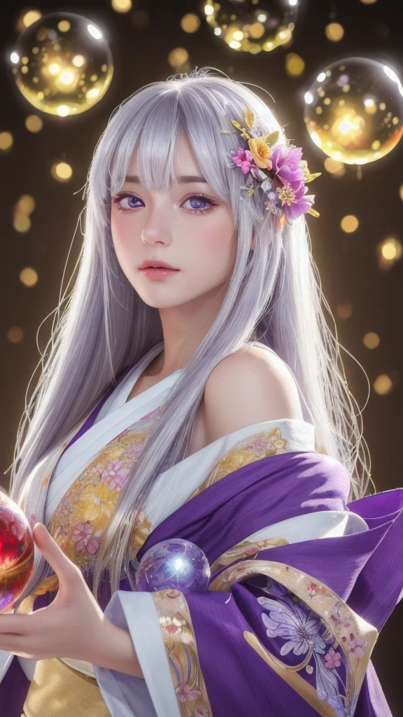 (masterpiece:1.3), (8k, photorealistic, raw photo, highest quality:1.4), (one girl), beautiful face, (realistic face), (long hair), (silver hair, near white hair, shiny hair, beautiful straight hair), (even bangs), (sharp bangs), straight hairstyle, realistic eyes, beautiful detailed eyes (purple eyes), (sharp eyes), (realistic skin), beautiful skin, (kimono), (magician's kimono), (flower hair ornament), attractive, ultra high resolution, ultra realistic, highly detailed, golden ratio, colorful background, (flowers blooming), (energy dancing background), magician, facing forward, facing from shoulders, looking straight ahead, both shoulders facing towards you, holding crystal ball, (heart crystal ball, love crystal ball).