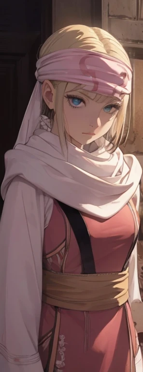 masterpiece), best quality, high resolution blonde 1girl bob cut medium hair standing alone cowl headband profile image looking at viewer beautiful eyes beautiful face extremely detailed pink clothing girly