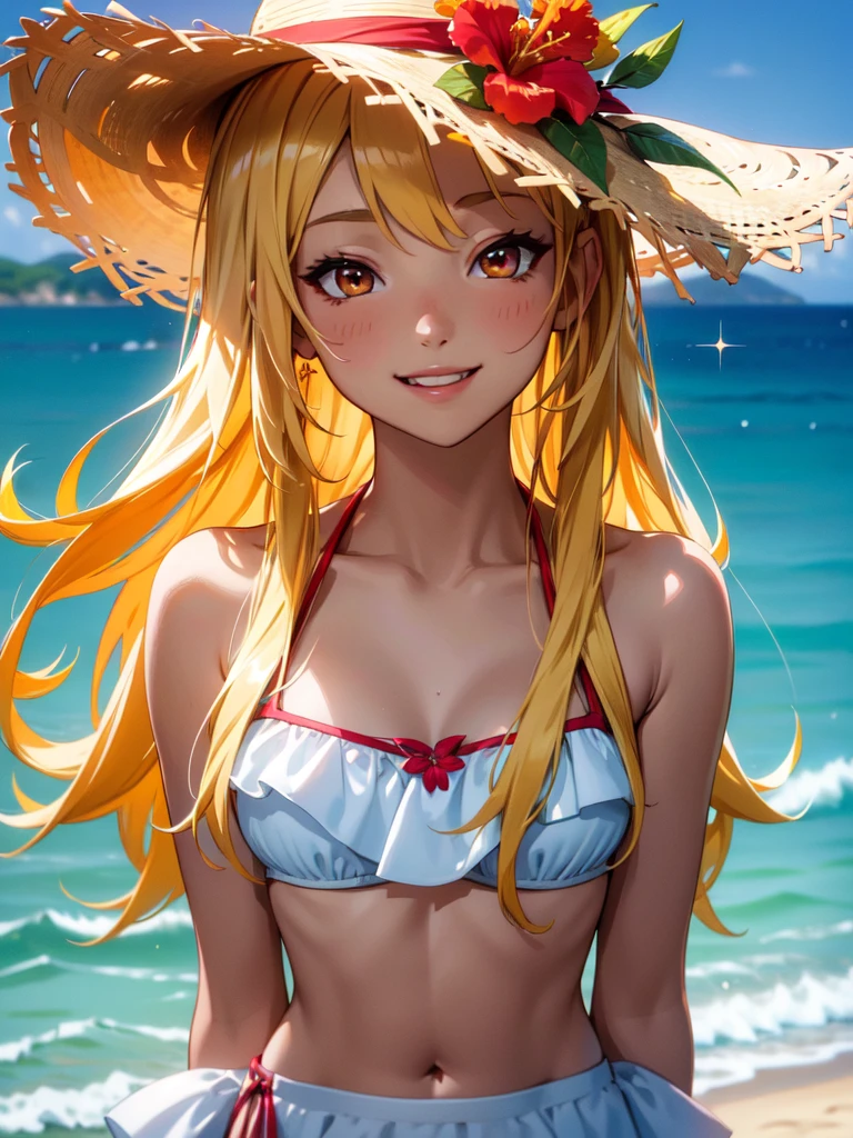 {8k image}, beautiful tanned woman (bikini tan lines), 30 years old, big blonde hair with bangs, wearing sunglasses and a pendant, looking at the viewer smiling, focus on the face and chest, {face and chest portrait}, Beach background, manga art style, lineart, lineart with fine lines