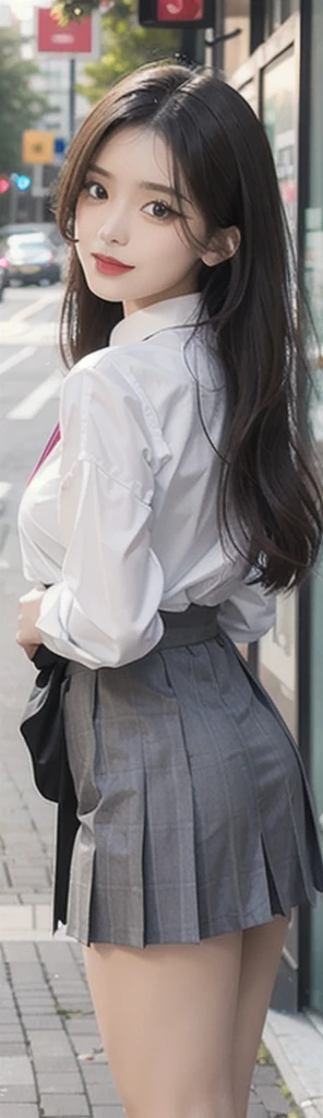 1 beautiful girl, Sad girl, Long Hair, 18-year-old, A beautiful face without blemishes, Rosy Face, Black eyes, Thin eyebrows, The most thorough makeup is the eyelashes, Pink lipstick, lips , Elegant smile, Her breasts are large and round, Slim waist, Big Breasts, moderately large butt, Long legs, Please wear a thin white button-up shirt that reaches down to your waist and shows your underwear., She is wearing a grey checked pleated mini skirt., high school student, Black Loafers, Thighs, Long Hair, One afternoon, Town, Outside background image, Quality Best image quality, 8K quality, Real Girls, artwork, whole body, Small face, Long legs, Height 200cm, tall, 