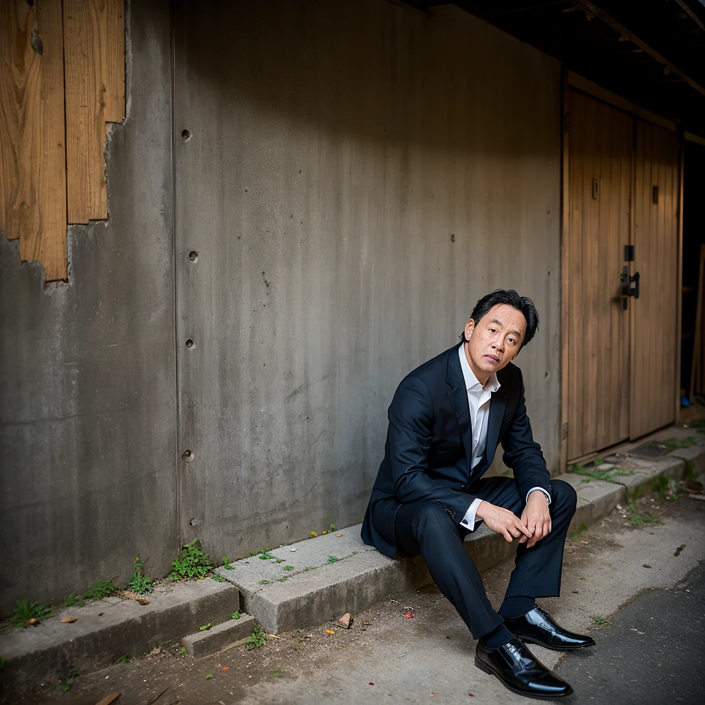 ((Highest quality)), ((masterpiece)), (detailed), One Man, A tired 35-year-old, Stubble, Black business suit, Dirty suit, night, bustling street, Alley, narrow street, (darkness:1.5), (Concrete ground:1.5), (Sitting on the ground:1.5), (Abandoned wooden house wall:1.5), (Leaning against the wall:1.5), (Looking down:1.5), (Term drooping:1.5), Drunk, Science fiction、Near future、