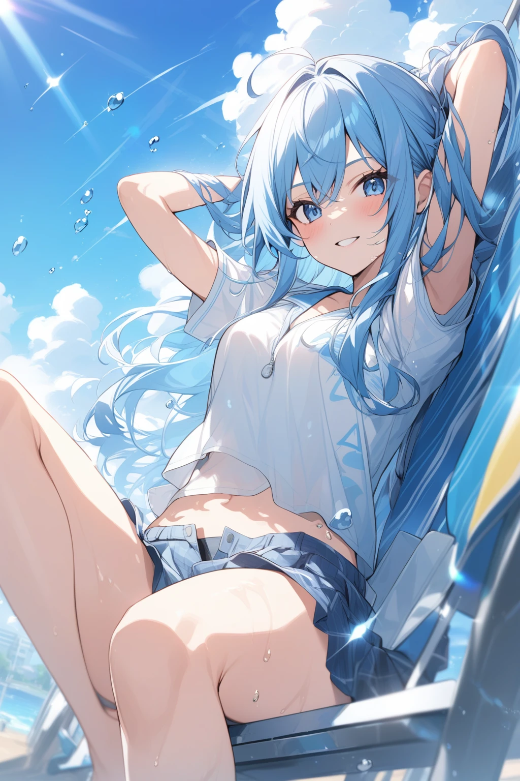 (best quality, highres, high quality), (masterpiece), goddess, 1girl, solo, (Kobo), cute face, perfect fingers, aqua eyes, point earrings, multicolored hair, school uniform, crossed legs, classroom, looking at viewer, upskirt, pussy, vagina