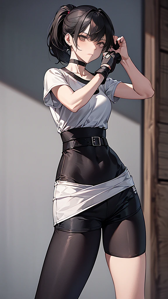 ((Highest quality)), ((masterpiece)), (detailed) {{{Slender female martial arts instructor}}} Shorts {{Décolletage}} White short sleeve T-shirt Mature Woman ((Combat Stance)) Long fingerless gloves Black tights {{Inside the dojo}} Black Hair ponytail ((Leggings with integrated shorts)) clavicle choker belt