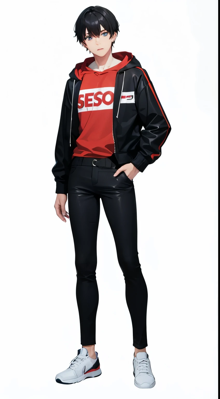 solo, looking at viewer, short hair, bangs, blue eyes, simple background, shirt, black hair, long sleeves, 1boy, white background, hair between eyes, jewelry, closed mouth, standing, jacket, full body, male focus, earrings, open clothes, shoes, pants, virtual youtuber, hood, open jacket, black jacket, hoodie, black pants, white footwear, hood down, red shirt, sneakers, hand in pocket