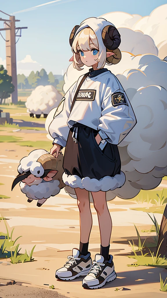 Sheep themed characters, Wearing big sneakers, Ram&#39;s horn, Magazine cover design, パステルピンクのイメージカラー, Keep the background simple, Magazine Cover, ピンクのイメージカラー, Pastel pink hair, ピンクにしてください, pink hair, projected inset, UHD, highres, best quality, 8k