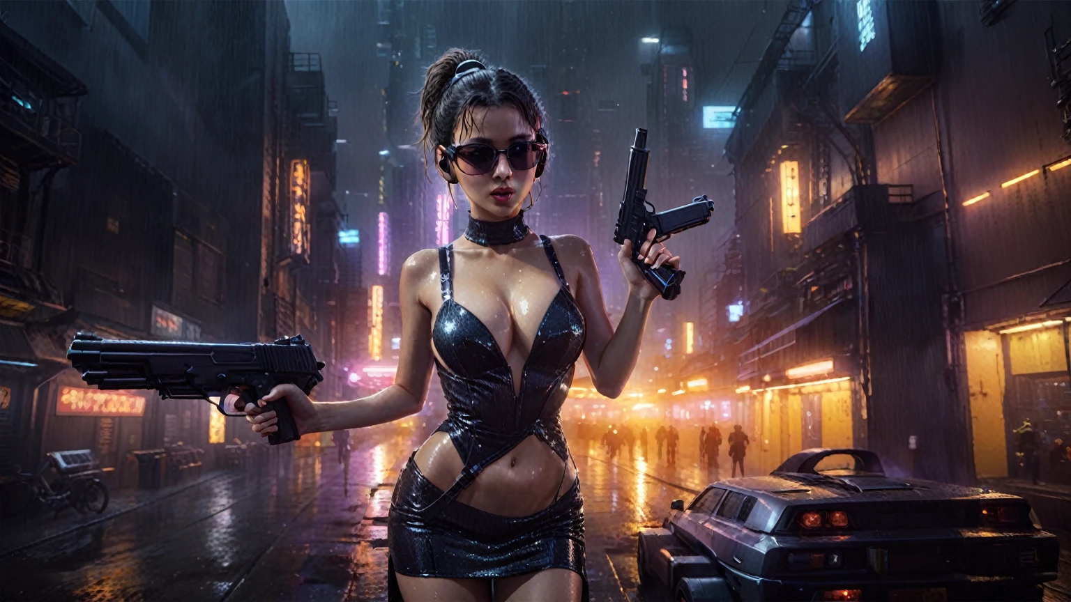 (((aerial view))), (flying cars docking platform), Blade Runner style futuristic city alley, neon lights, rainy night. (1girl, solo, alone), large-breast:1.lim body, cleavage:1.1, sexy wind blowing wet dress:1.4, headphone, (black sunglasses), (((she raised a pistol:1.8 and shot:1.8 the viewer))), dynamic pose, (((half-body thigh level medium shot))), cinematic lighting, lens flare, ray tracing, zoom-in blurred:1.4 background.