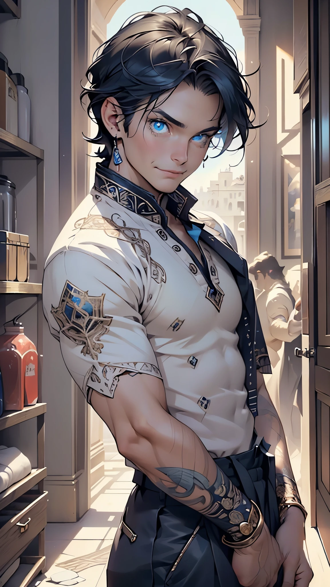 Arabian djinn,(male:1.5), muscle, 1boy, big muscle, pectoral, muscular, Mature man,45 year old man,adult,1 man, old macho man,an extremely detailed face, (((blue_eyes:1.3))),intricate eyes,beautiful detailed eyes,symmetrical eyes,short hair,modern very short black hair,djinn hair,perfect face, ((detailed face)),musculatureAbs,(bluebeard:1.5)
(((blue skin:1.5,blue body:1.5,blue face;1.5))),
smile,
(ultra-detailed:1.3), beautiful detailed glow, finely detailed, ultra-detailed,
((body blue war paint)),wearing turban:1.2,wearing a blue silk dhoti, silks draped around his torso, slight smile, bulky, sinewy muscles,((bulge in pants)),(((intricate outfit,intricate clothes,ornate outfit))),
(dynamic pose:1.0),embarrassed,(centered,scale to fit dimensions,Rule of thirds),
inside,indoor,((palace in Arabia, palace in Arabia background)),scenery:1.25,((intricate scenery)),
(Glossy winter ornaments),highres,sharp focus,(ultra detailed,extremely detailed),(photorealistic artwork:1.37),(extremely detailed CG unity 8k wallpaper),(((vibrant colors,vibrant theme))),(intricate),(masterpiece),(best quality),artistic photography,(photography taken by sldr),(intricate background),perfect rendered face,perfect face details,realistic face,photo realistic,((intricate detail)),(((realism))),
