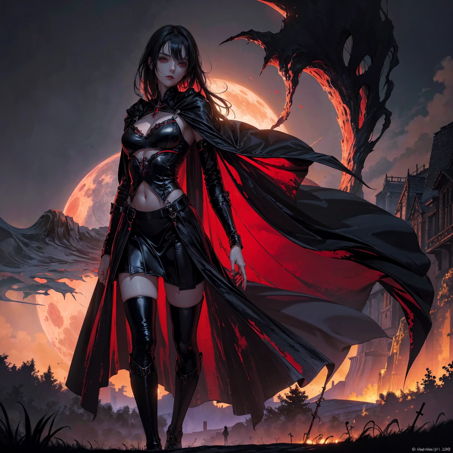 best quality, 4K, high resolution, masterpiece:1.2, Very detailed, actual:1.37, Mood lighting, Girl in a long cape, Only wearing a reflective rubber bra and a reflective latex skirt and a pair of knee-high stockings, Exposes the navel,Shows the skin above the chest, Dangerous sneer, Black Hair, Standing, Facing the camera, Crucified, Pitch black sky, Blood-red moon, strange atmosphere, Gothic style, Unforgettable beauty, Dramatic shadows, Ethereal Light, Mysterious atmosphere.