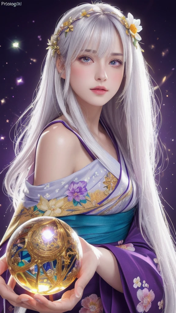 (masterpiece:1.3), (8k, photorealistic, raw photo, highest quality:1.4), (one girl), beautiful face, (realistic face), (long hair), (silver hair, near white hair, shiny hair, beautiful straight hair), (even bangs), (sharp bangs), straight hairstyle, realistic eyes, beautiful detailed eyes (purple eyes), (sharp eyes), (realistic skin), beautiful skin, (kimono), (magician's kimono), (flower hair ornament), attractive, ultra high resolution, ultra realistic, highly detailed, golden ratio, colorful background, (flowers blooming), (energy dancing background), magician, facing forward, facing from shoulders, looking straight ahead, both shoulders facing towards you, holding crystal ball, (heart crystal ball, love crystal ball).
