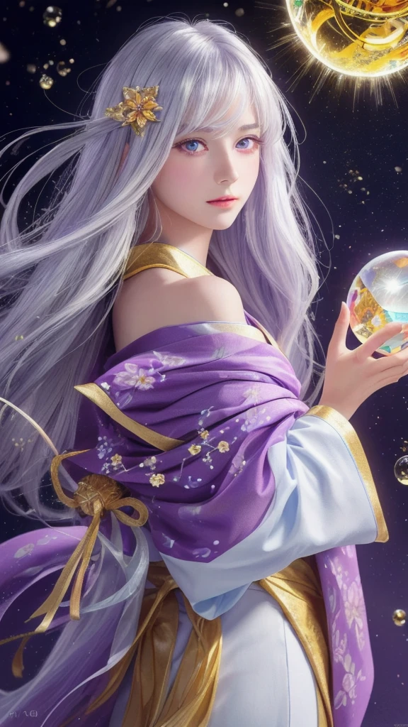 (masterpiece:1.3), (8k, photorealistic, raw photo, highest quality:1.4), (one girl), beautiful face, (realistic face), (long hair), (silver hair, near white hair, shiny hair, beautiful straight hair), (even bangs), (sharp bangs), straight hairstyle, realistic eyes, beautiful detailed eyes (purple eyes), (sharp eyes), (realistic skin), beautiful skin, (kimono), (magician's kimono), (flower hair ornament), attractive, ultra high resolution, ultra realistic, highly detailed, golden ratio, colorful background, (flowers blooming), (energy dancing background), magician, facing forward, facing from shoulders, looking straight ahead, both shoulders facing towards you, holding crystal ball, (heart crystal ball, love crystal ball).