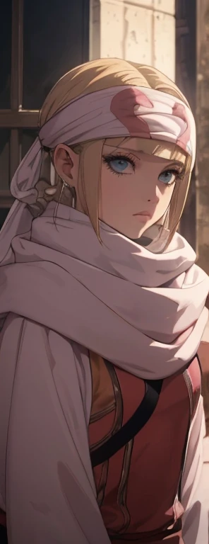 masterpiece), best quality, high resolution blonde 1girl bob cut medium hair standing alone cowl headband profile image looking at viewer beautiful eyes beautiful face extremely detailed pink clothing girly