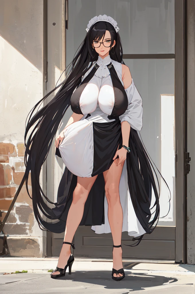 {{masterpiece}},high quality, 4K, 2D, 1 girl,{simple gray background},(attractive mature lady:2),milf,standing,sagging breasts,(gigantic breasts:2),maid,front face,{{tareme}},attractive mature lady,black hair, {from right in front of face and body},View viewers from front,{front facing shot},Wear glasses,(serious:0.1)