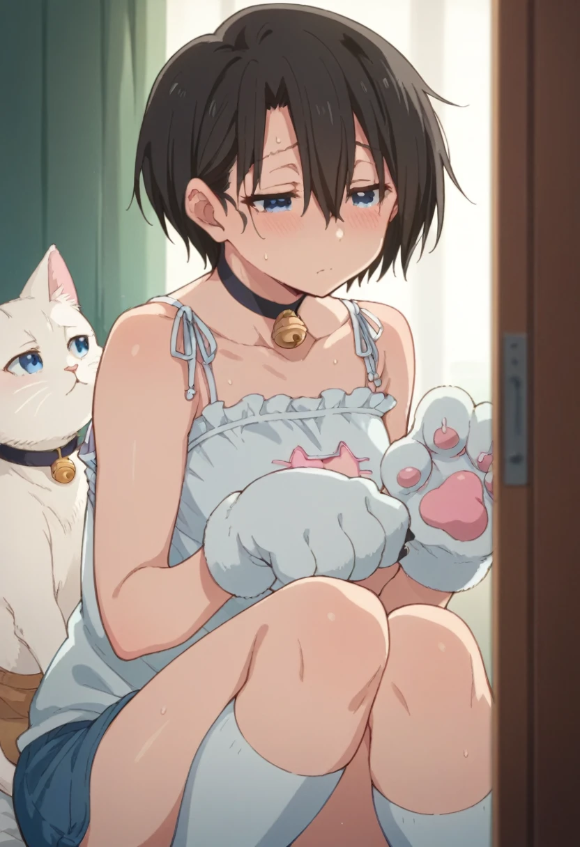 Yuzuru Nishimiya, short hair, Blue eyes, black hair, hair between eyes,、Half-closed eyes、White Cat Lingerie, choker, Neck bell、White cat paw gloves、White knee-high socks、Sweat:1.5、