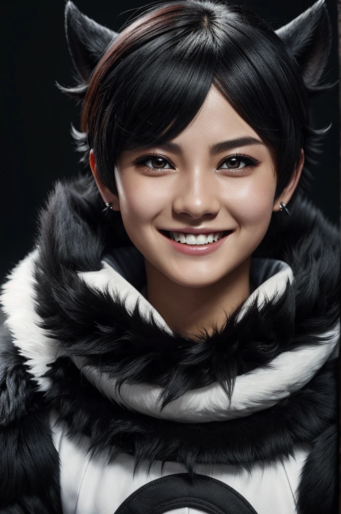 (Best Quality,ultra detailed,realist:1.37),High resolution(4k,8k),portrait,Demon Slayer character,black fur,short hair,black eyes,big smile,warm smile,young,charismatic,16 years ,Kimetsu no Yaiba's distinctive style, dynamic pose, vibrant colors, detailed facial features, powerful aura, determined expression, katana, fierce eyes, intense battle scene, dramatic lighting, flowing layer, iconic demon slaying uniform, intricate patterns, burning background