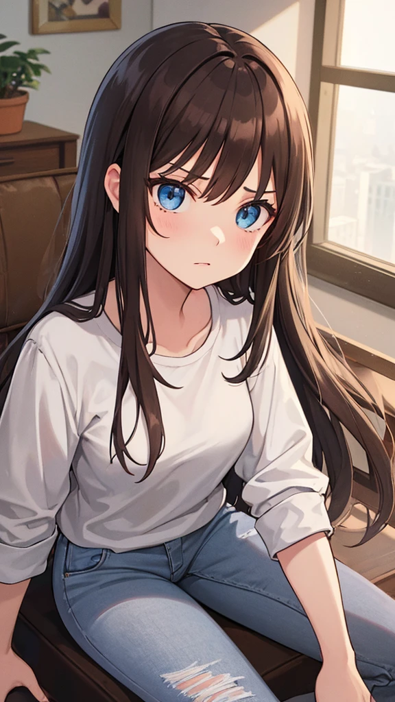 women, long brown hair, deep blue eyes, bad humor, disdain in the look, emotional storm, White shirt, jeans, apartment environment, Soft lighting, mid range angle, cold expression, staring
