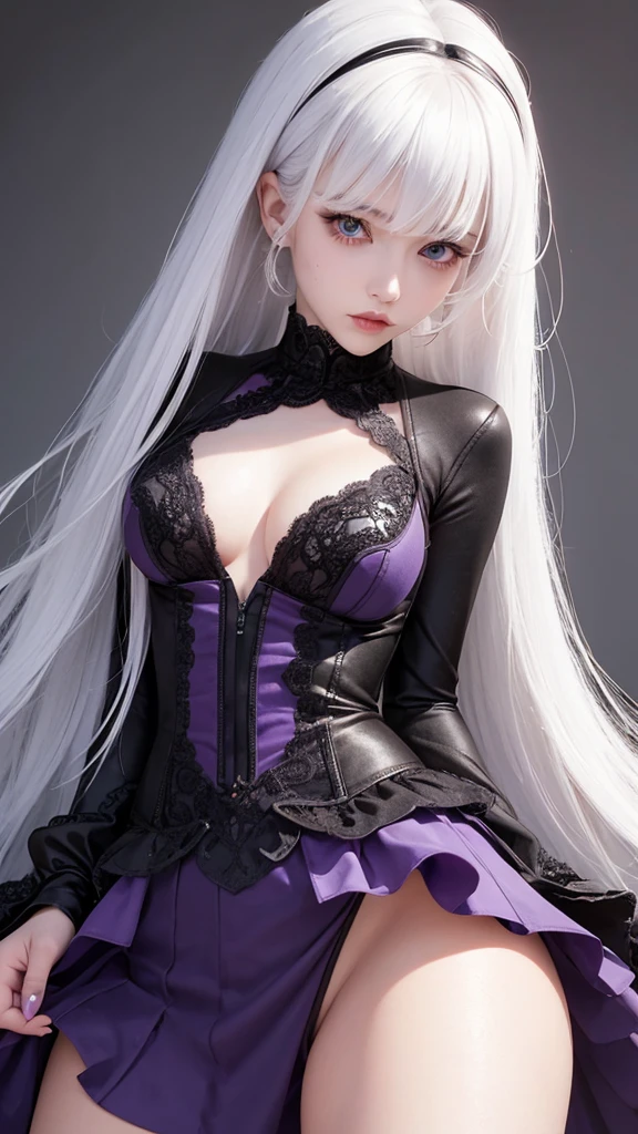 girl with white hair,with bangs, black gloves, purple clothes, top, skirt, 4K, masterpiece, perfect body, stem,perfect eyes, a soft look,perfect shading, perfect lighting, best quality, work of art, ultra detailed, detailed clothing, with details on clothes