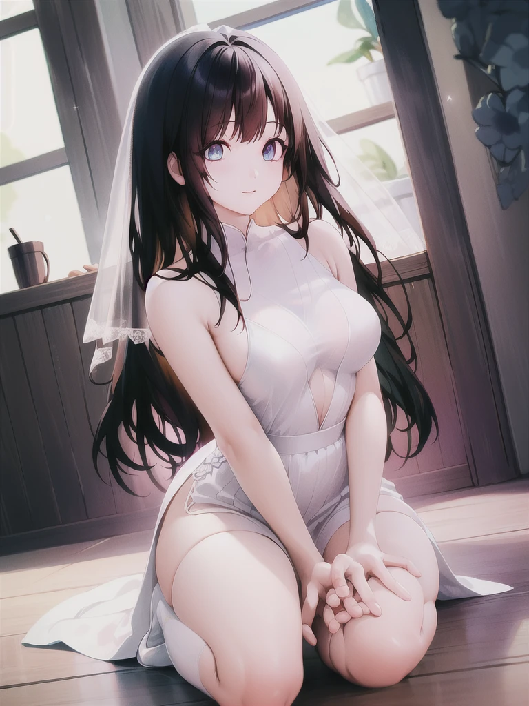 A girl，Long hair, Bangs, Black hair, Hair between the eyes, s eyes，蓝色s eyes:（1.5),  (Medium breasts:1.2), 
rest  锁骨, Wedding dress，veil，wedding，White Dress，Flowers，The skirt is broken，White socks，Tights，White knee socks，
Looking at the audience, whole body,
indoors, church，permanent，permanent，
rest (masterpiece:1.2), best quality, high resolution, Unity 8K wallpaper, (illustration:0.8), (美丽细致s eyes:1.6), Extremely detailed face, Perfect lighting, Extremely detailed CG, (Perfect hands, Perfect anatomical structure),