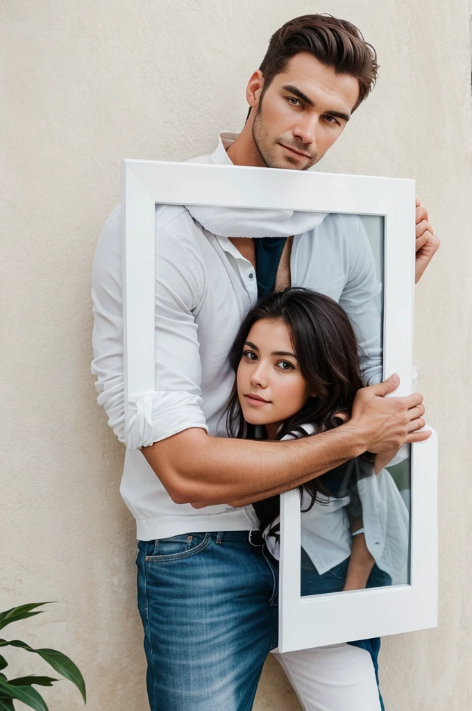 Generate me an image of a handsome man hugging a big white photo frame which was kept near a wall in slanting position. express some love in the man's face.