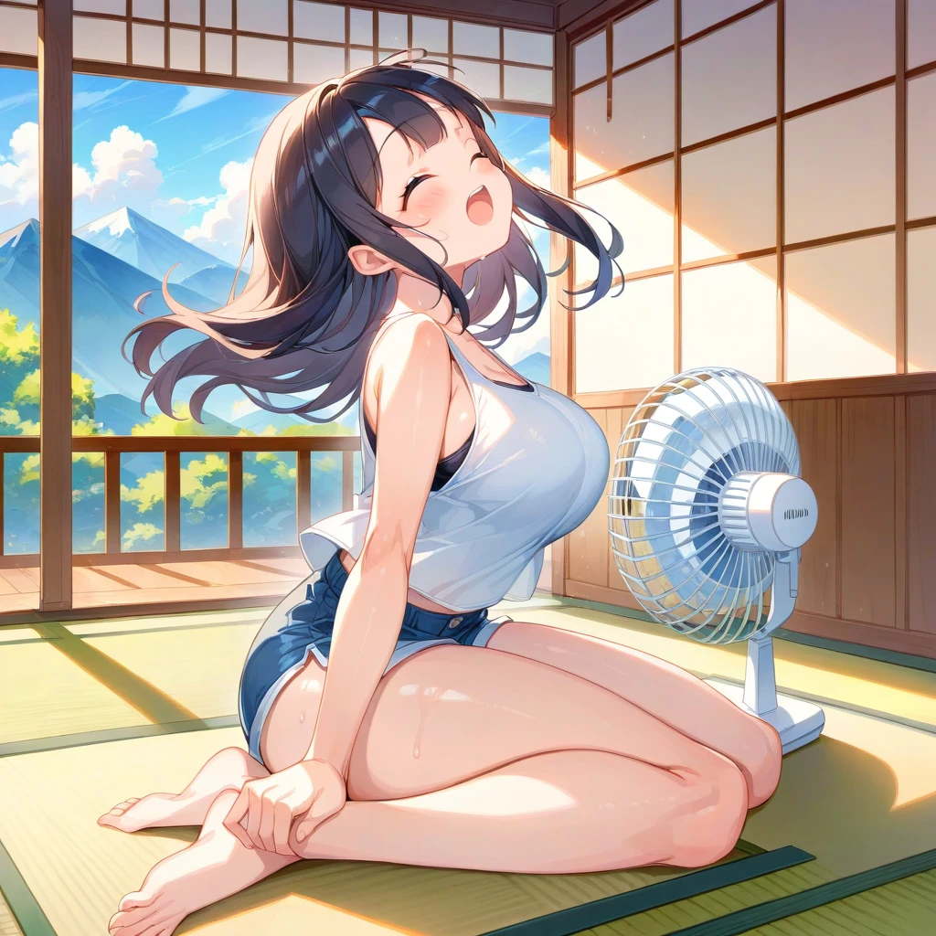 [GENERATED BY 7th anime XL-Pony A:100] (score_9,score_8_up,score_7_up,score_6_up),masterpiece,best quality, source anime, rating_safe, 1girl, sitting, (indian style, agura:1.3), spread legs, stylish ankles, (big electric fan:1.5) on face, closed eyes, (open mouth:1.3), from side, full body, v arms,headback, holding ankles,leaning forward, summer,indoors,tatami, (living room:1.3),mountains in the distance、 BREAK girl, 18 yo, (li:1.3), (large breasts:1.3), (black hair:1.2), (medium long hair:1.2), (hair between eyes:0.5), (straight hair:1.3), grey eyes, (tareme:1.3) BREAK white tank top, short shorts, bare legs, sweat, wind, floating hair, living clothes,