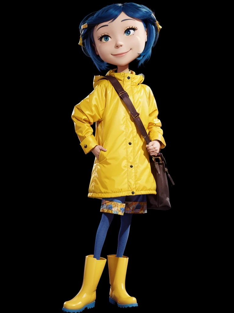 a beautiful , is happy smiling, with blue hair, with yellow coat, with yellow boots