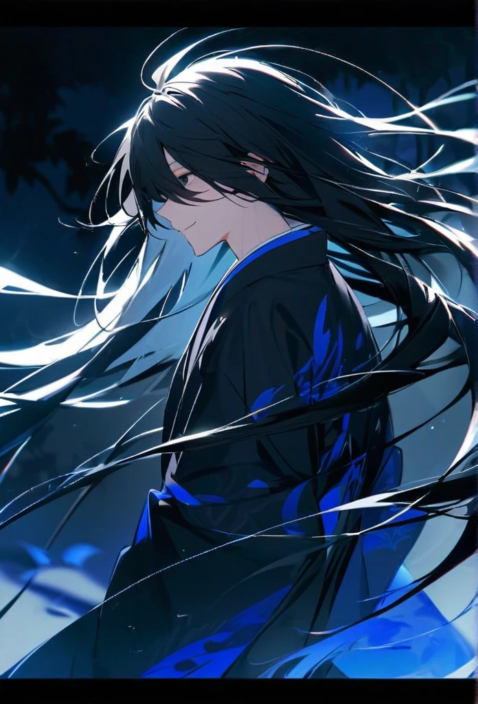 Japanese。male。Sharp black Eye。Strong features。Smile a little。Very long black hair。Plain blue kimono(Dressed in kimono)。A strong wind blows my hair back。Cover your eyes with hair。The background is blue light。Stand up straight。