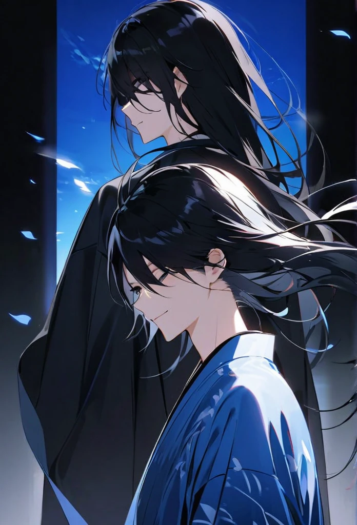 Japanese。male。Sharp black Eye。Strong features。Smile a little。Very long black hair。Plain blue kimono(Dressed in kimono)。A strong wind blows my hair back。Cover your eyes with hair。The background is blue light。Stand up straight。